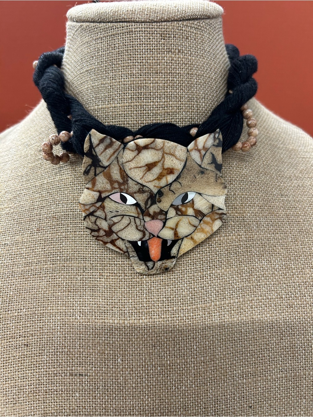 Vintage Lee Sands Handcrafted WildCat statement Necklace stone beads